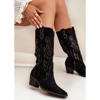 Dámské kozačky Semišové dámské kovbojky na podpatku Karira – černé Velikost: 38