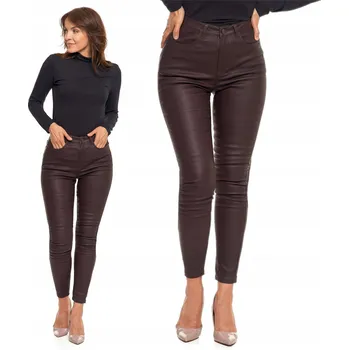 Dámské kalhoty SKINNY KALHOTY PŘILEHAVÉHO STŘIHU MORAJ EKO KŮŽE VISKÓZA HNĚDÉ VELIKOST 42