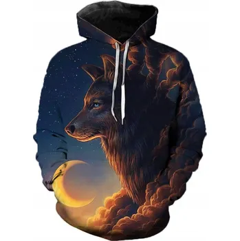Pánská mikina Pánská mikina s kapucí VLK, Motiv Vlka a Měsíce 3D Potisk - 4XL