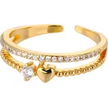 B-TOP Pozlacený dvojitý prsten z nerezové oceli se srdcem a zirkony