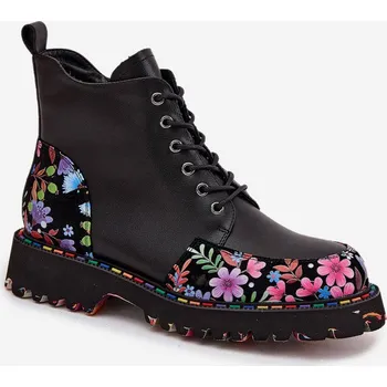 Dámská obuv Kožené dámské botky Artiker zateplené – černé s květinovou výšivkou Velikost: 38