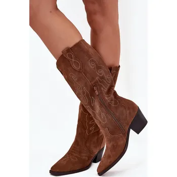 Dámská obuv Semišové dámské kovbojky na podpatku Karira – camel Velikost: 38