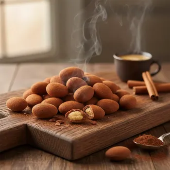 Čokoládová tyčinka Mandle v mléčné čokoládě a skořici 450 g – pražené mandle v čokoládě se skořicí (Pražená jádra mandlí v mléčné čokoládě a skořici)