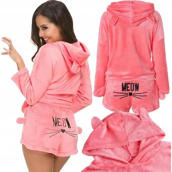 Dámské noční prádlo Dámské pyžamo dvoudílné teplé plyšové růžové MEOW KOČKA XL