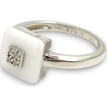 Prsten Stříbrný prsten se zirkony a bílou keramikou, v. 52, rhodiovaný, Ag 925