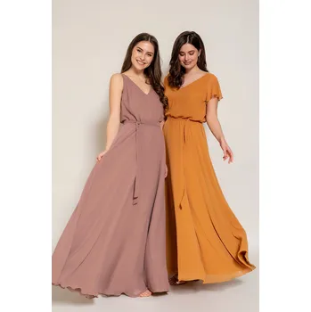 Dámské šaty MiaBella Dlouhé šifonové šaty s rukávy Barva: Hnědá /86772/, Velikost: 34