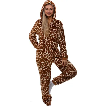 Dámské pyžamo Hnědý extra huňatý OVERAL pro ženy či dívky s kapucí zvířecí vzor ŽIRAFA 1Z1516 hnědá xxl