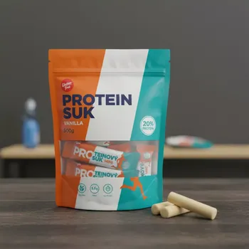 Proteinový suk – vanilka 500 g, bez lepku, zdroj bílkovin a vlákniny (Sójový proteinový suk s vanilkovou příchutí. Potravina bez lepku (lepek < 20 mg/kg). Potravina je zdrojem vlákniny)
