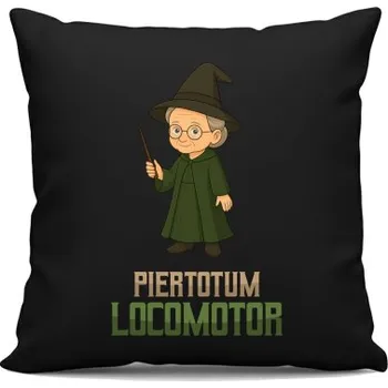 Žertovný předmět Piertotum Locomotor - Minerwa McGonagall - černý polštář s potiskem pro fanoušky série Harry Potter- Tričkový.cz