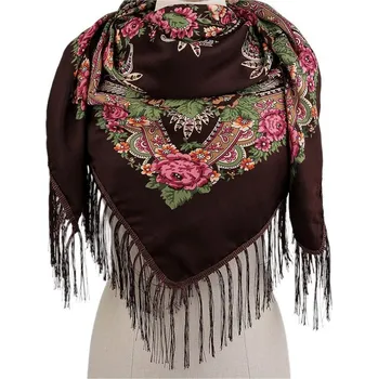 Šátek folklórní květy a třásněmi 105x105 cm - 17 hnědá