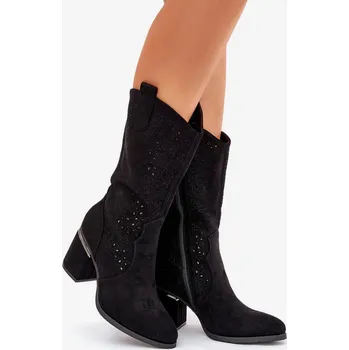 Dámské kozačky Dámské perforované kozačky do poloviny lýtka ve stylu kovbojek S.Barski – černé, eko kůže Velikost: 38