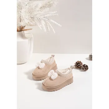 Dívčí sněhule Dětské sněhule s výšivkou a mašličkou Daven – béžové Velikost: 27