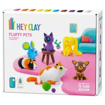 Modelovací hmota Hey Clay kreativní sada Fluffy Pets – mazlíčci z lehké samotvrdnoucí hmoty (15 kelímků)