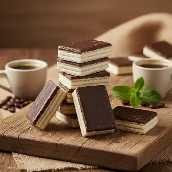 Mléčné oplatky polomáčené 25 g / 600 g – křehké oplatky s mléčným krémem v kakaové polevě (Oplatky s mléčnou krémovou náplní (70%) polomáčené kakaovou polevou.)