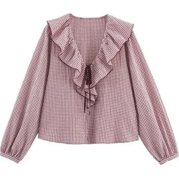 Dámská košile Dámská kostkovaná košile s dlouhým rukávem a výstřihem s volánkami Elegantní lehká košile z polyesteru pro každodenní nošení růžová L