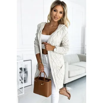 Dámský svetr Kardigan - přehoz s kapucí a kapsami - COPÁNKOVÝ VZOR BÉŽOVÝ