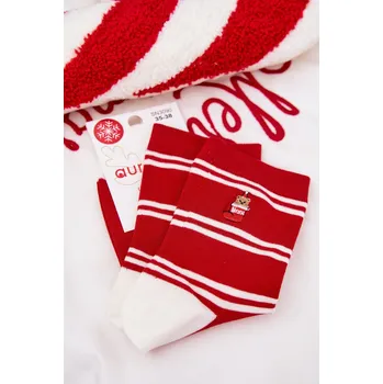 Dámské vánoční ponožky s pruhy a medvídkem – červené Velikost: 35-38