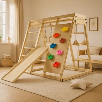 Dětské hřiště Dětské skládací dřevěné hřiště do pokojíčku žebřík + lezecká stěna + skluzavka + houpačky