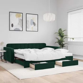 Postel vidaXL Válenda s přistýlkou a zásuvkami 100 x 200 cm samet [3197008] Barva: Tmavě zelená