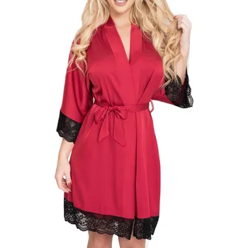 Dámský župan Župan Sumi S, vínová barva, jemný satén, hebká krajka, saténový pásek