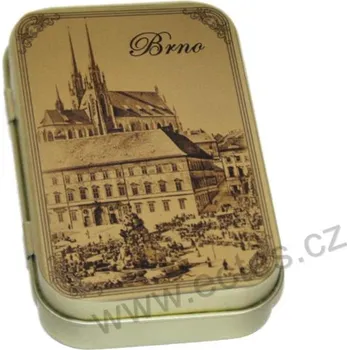 Dóza na potraviny BRNO ZELNÝ TRH sépie zlatá plechová dóza miniobdélník 422 náměstí s kašnou