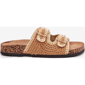 Dámská obuv Dámské háčkované pantofle se zlatými přezkami – camel Fenira Velikost: 38
