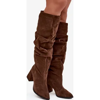 Dámské kozačky Dámské zateplené kozačky na podpatku s mačkanou holení Zazoo – hnědé, pravý semiš Velikost: 41