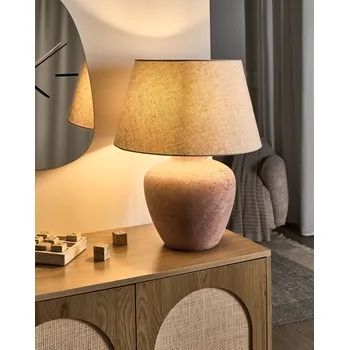 Lampička Stolní lampa hnědá keramická základna lněné stínidlo ve tvaru bubnu rustikální styl obývací pokoj ložnice Beliani