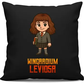 Žertovný předmět Wingardium Leviosa - Hermiona Granger - černý polštář s potiskem pro fanoušky série Harry Potter- Tričkový.cz