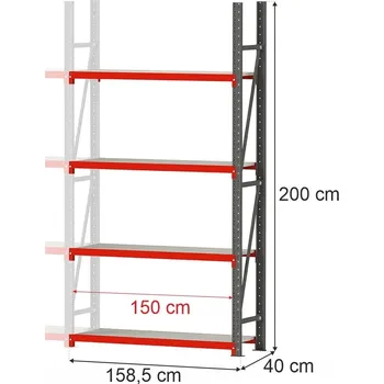 Dílenský regál Regalydoskladu Kovový skladový regál se 4 policemi FORTIS 200x158,5x40 cm, přídavný modul