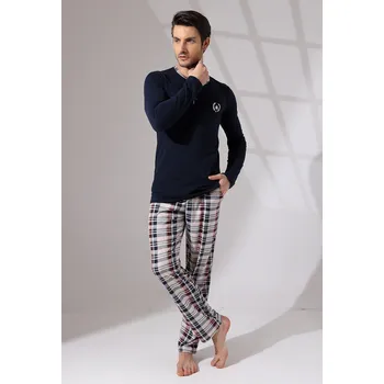 Pánské pyžamo Tmavá modré vínové i šedě kárované pyžamo pro muže na knoflíky u krku s Pavoukem 1P1756 modrá s