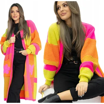 Dámský svetr MARBELIO Efektní barevný POLSKÝ KARDIGAN MIDI zdobený kapsami KVĚTINY