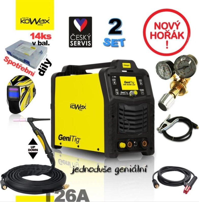 Kowax Svářecí invertor GeniTig 220 AC/DC LCD Varianta setu: Svářecí invertor+svař. hořák TIG 26 4m UP/DOWN+svař. kabely 25mm/3m+plyn. hadice+red. ventil Argon+kukla KWX3+sada spotř. dílů