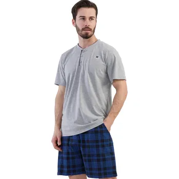 Pánské pyžamo Šedé a modře kárované pyžamo pro muže s kraťasy na knoflíky u krku 1P1710 šedá s