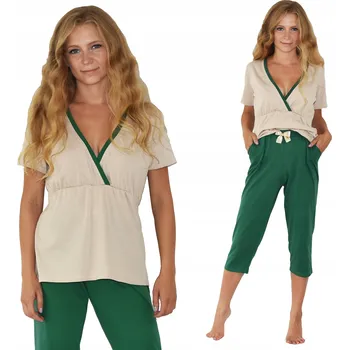 Dámské noční prádlo Bavlněné dámské pyžamo s kopertovým střihem pro kojení, 3/4 kalhoty se zavinovacím pasem, velikost L