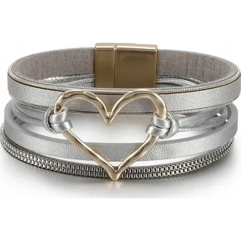 Náramek Vícevrstvý kožený náramek se srdíčkem v boho stylu Šedý