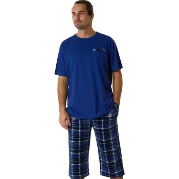 Pánské pyžamo Modré a kárované pánské pyžamo s krátkým rukávem a delšími kraťasy s knoflíky u krku 1P1963 modrá 1xl