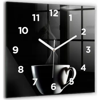 Hodiny Čtvercové Skleněné Hodiny na Zeď do Kanceláře s Motivem Šálek Kávy 60x60 cm