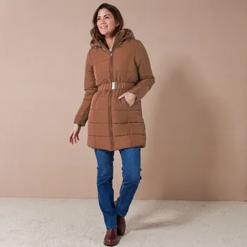 Nepromokavá dlouhá prošívaná bunda s páskem, na zip karamelová 40