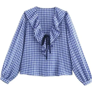 Dámská košile Dámská kostkovaná košile s dlouhým rukávem a výstřihem s volánkami Elegantní lehká košile z polyesteru pro každodenní nošení modrá M