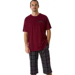 Vínové a šedě kárované pánské pyžamo s krátkým rukávem a delšími kraťasy s knoflíky u krku 1P1964 vínová 1xl