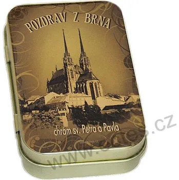 Dóza na potraviny BRNO PETROV Čokoládový pozdrav stříbrná plechová dóza miniobdélník sépie 422 katedrála sv. Petra a Pavla
