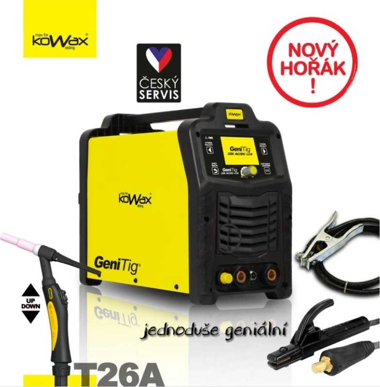 Kowax Svářecí invertor GeniTig 220 AC/DC LCD Varianta setu: Svářecí invertor + svařovací hořák TIG 26 4m UP/DOWN + svařovací kabely 25mm/3m + plynová hadička