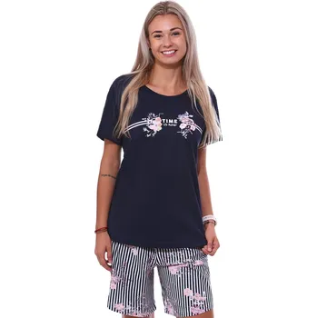 Dámské noční prádlo Modré i bíle pruhované pyžamo pro plnoštíhlé ženy či dívky s krátkou nohavicí lila květy TIME IS NOW 1B2005 modrá xxl