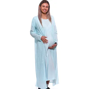 Dámské noční prádlo Azurová kojící a těhotenská košilka a župan v kompletu v dlouhé délce s puntíky 1G0612 modrá s
