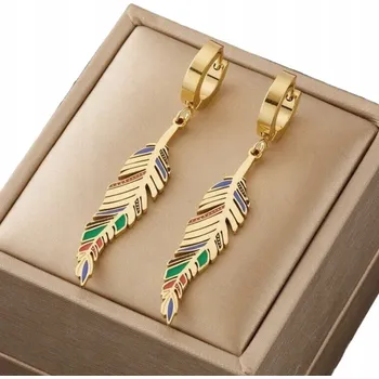 Náušnice NÁUŠNICE LÍSTKY Z CHIRURGICKÉ OCELI 316L zlaté Pírko pozlacené 18K boho