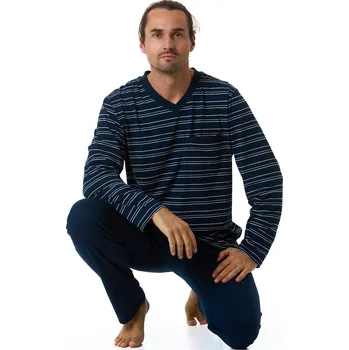 Pánské pyžamo Tmavě modré i šedě pruhované pyžamo pro muže s náprsní kapsou 1P1797 modrá s
