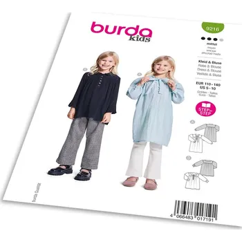 Střih Burda 9216 - Dívčí šaty s mašlí a halenka s límcem Peter Pan