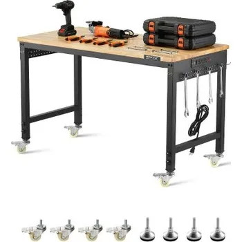 Dílenský stůl VEVOR Nastavitelný pracovní stůl 1219 mm, nosnost 907 kg, pracovní stůl se zásuvkou, kolečky a děrovanou deskou, odolný dubový pracovní stůl pro garáž, dílnu, kancelář a domácnost