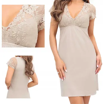 Dámská noční košile Košile noční Donna viskóza béžová krajka krátký rukáv S